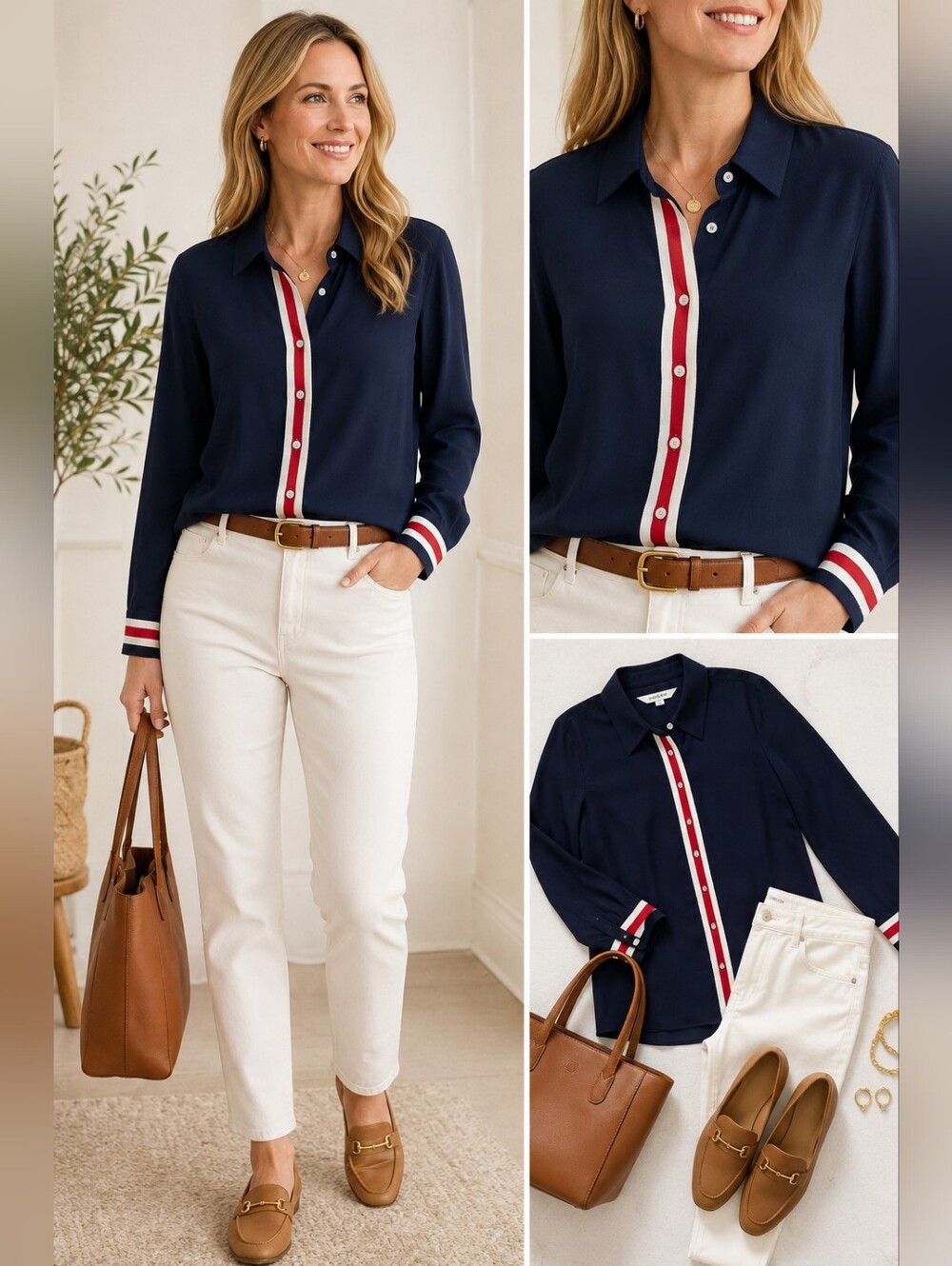 Boden Navy Long Sleeve Button Front Blouse with Red & White Stripe Trim Size 6